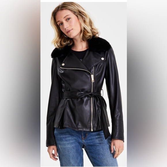 Guess Jackets & Blazers - 🆕 Guess Women's Faux-Fur Trim Faux- Leather Asymmetric Belted Jacket Small